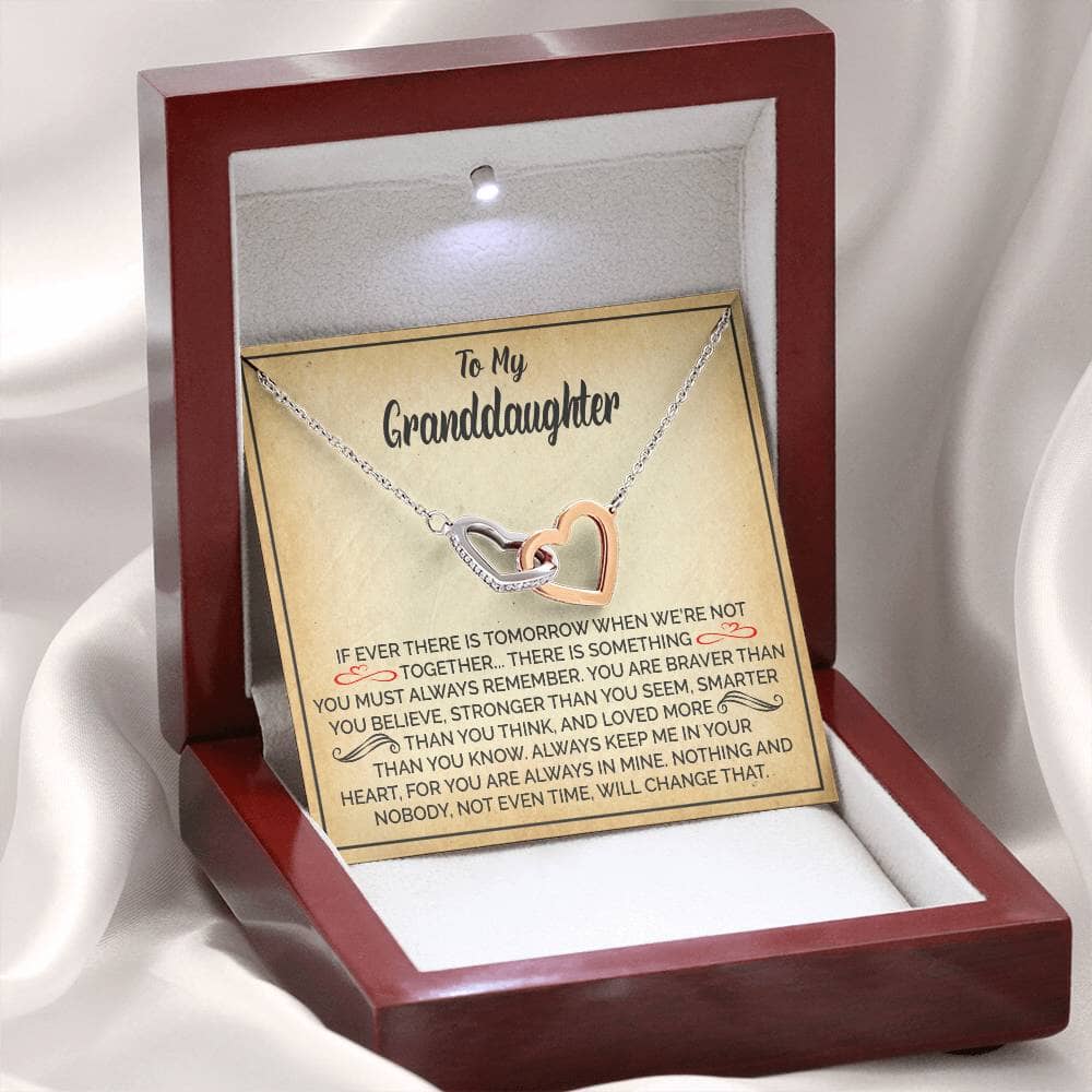 Beautiful Gift for Granddaughter "Keep Me In Your Heart" Interlocking Hearts Necklace Jewelry 14k White Gold Finish Mahogany Style Luxury Box (w/LED Light)