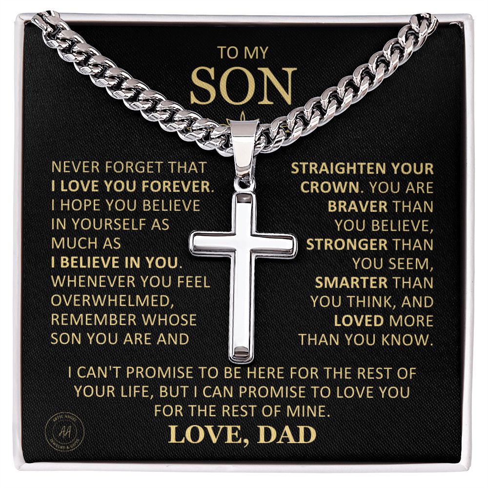 Beautiful Gift for Son From Dad "Never Forget That I Love You" Cross Necklace On Cuban Chain Jewelry Two-Toned Gift Box