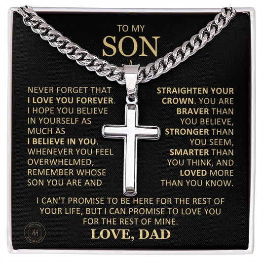 Beautiful Gift for Son From Dad "Never Forget That I Love You" Cross Necklace On Cuban Chain Jewelry Two-Toned Gift Box