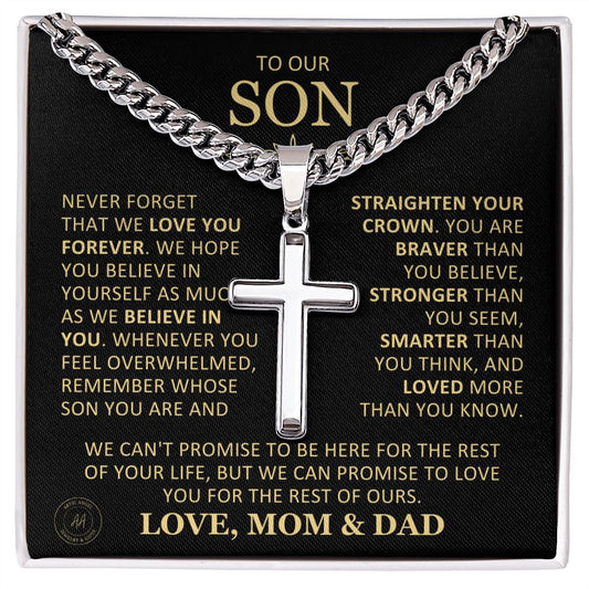 Beautiful Gift for Son From Mom and Dad "Never Forget That We Love You" Cross Necklace On Cuban Chain Jewelry Two-Toned Gift Box
