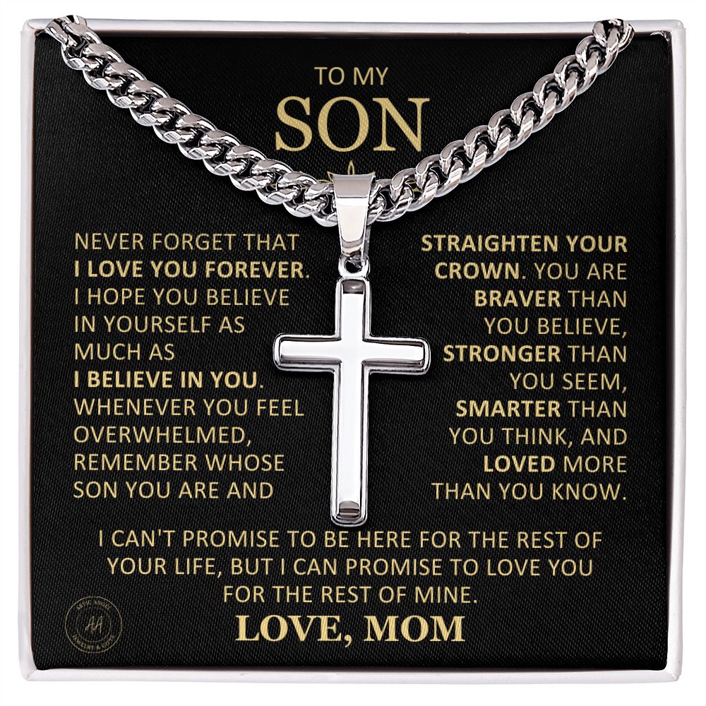 Beautiful Gift for Son From Mom "Never Forget That I Love You" Cross Necklace On Cuban Chain Jewelry Two-Toned Gift Box