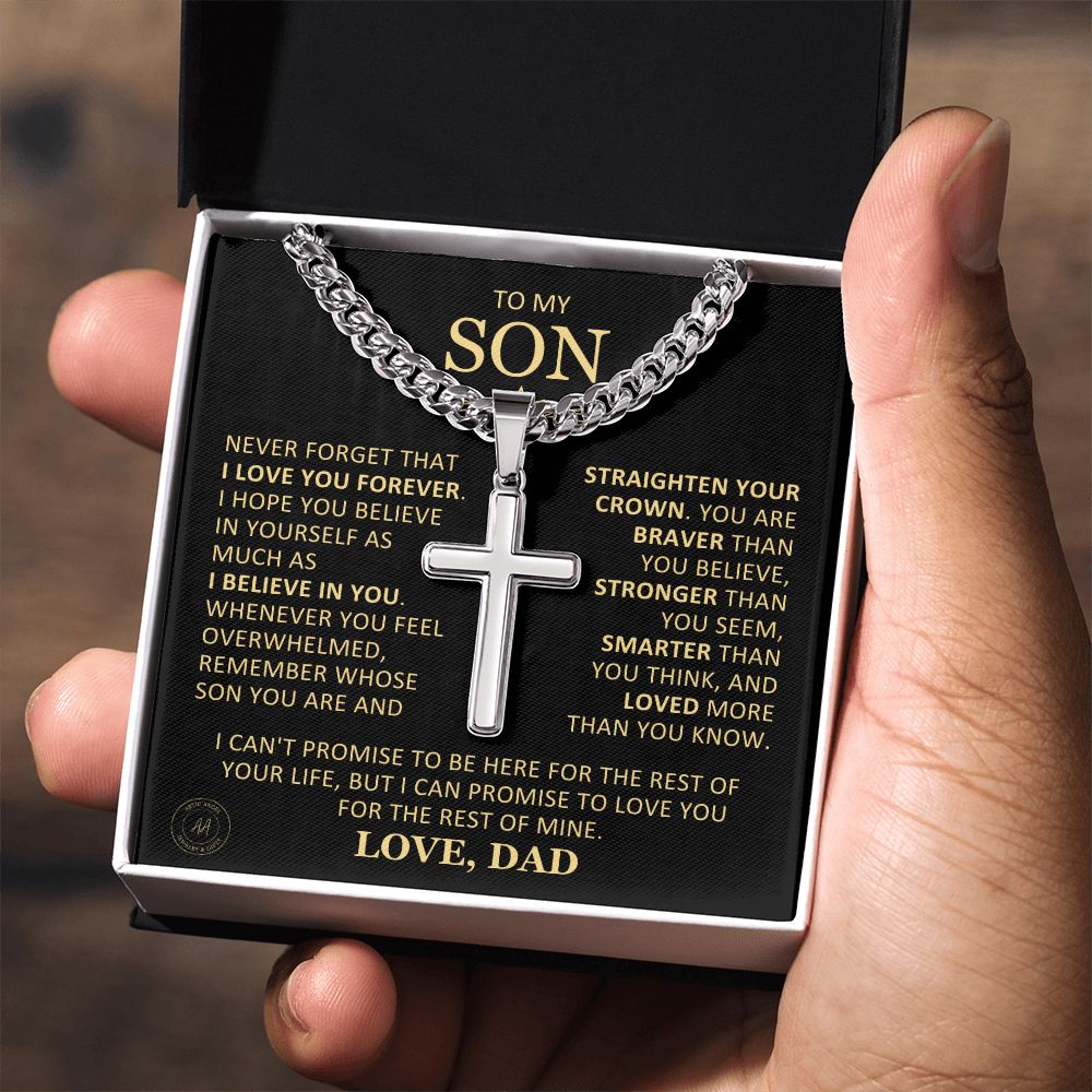 Beautiful Gift for Son From Dad "Never Forget That I Love You" Cross Necklace On Cuban Chain Jewelry