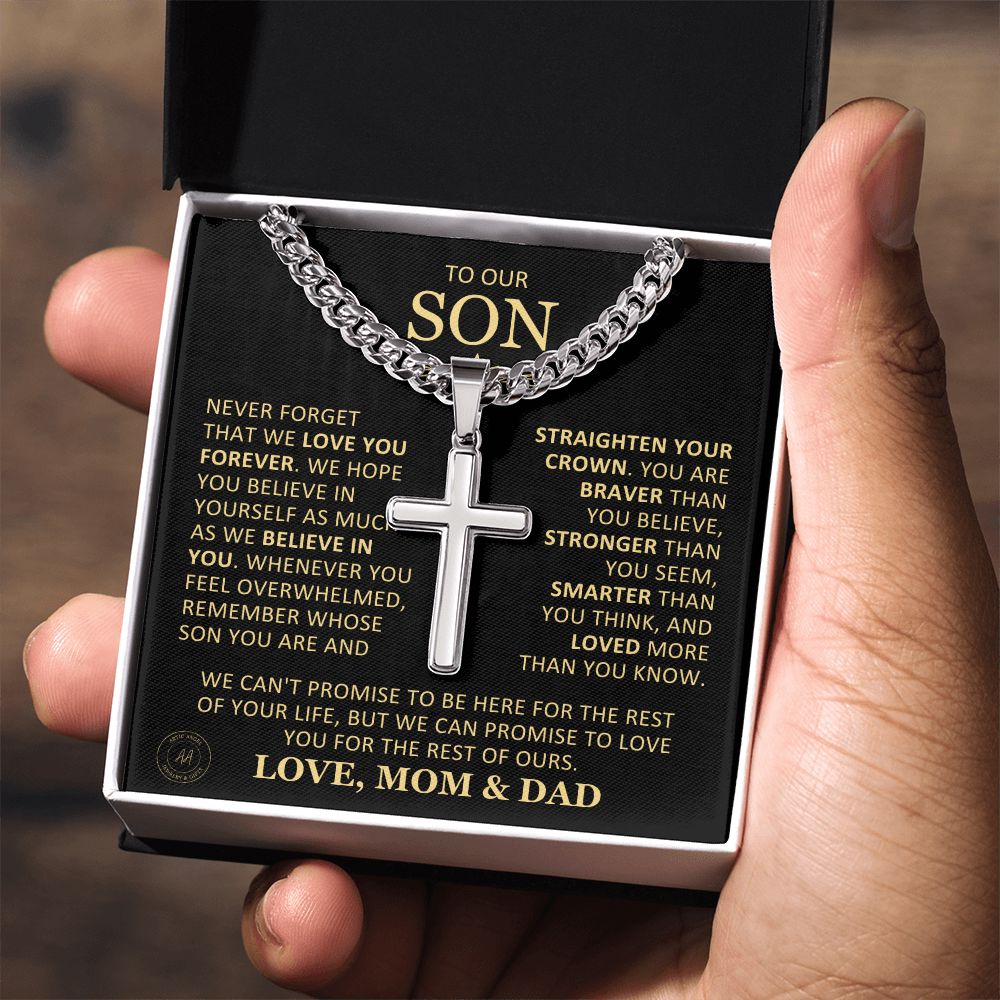 Beautiful Gift for Son From Mom and Dad "Never Forget That We Love You" Cross Necklace On Cuban Chain Jewelry