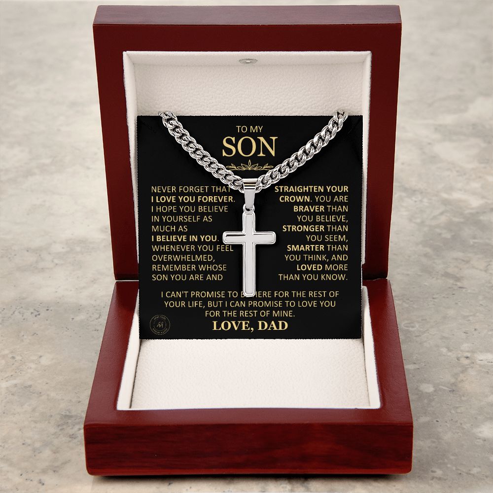 Beautiful Gift for Son From Dad "Never Forget That I Love You" Cross Necklace On Cuban Chain Jewelry