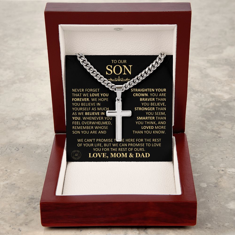 Beautiful Gift for Son From Mom and Dad "Never Forget That We Love You" Cross Necklace On Cuban Chain Jewelry