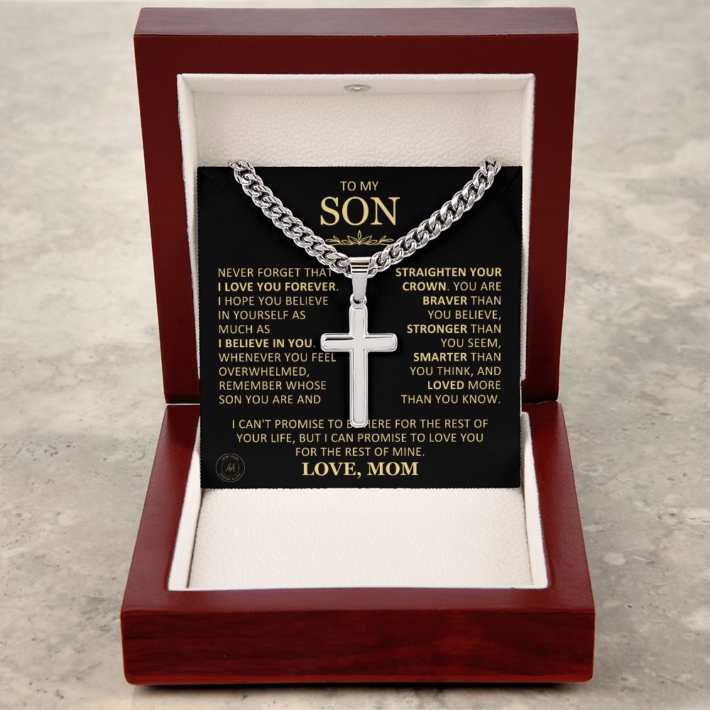 Beautiful Gift for Son From Mom "Never Forget That I Love You" Cross Necklace On Cuban Chain Jewelry
