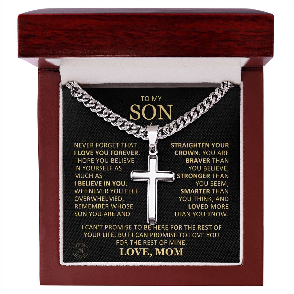 Beautiful Gift for Son From Mom "Never Forget That I Love You" Cross Necklace On Cuban Chain Jewelry Mahogany Style Luxury Box (w/LED)