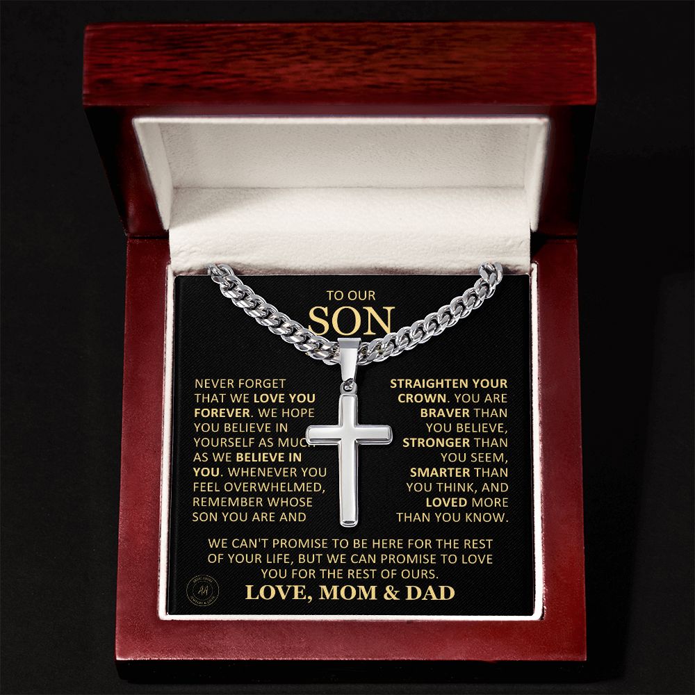 Beautiful Gift for Son From Mom and Dad "Never Forget That We Love You" Cross Necklace On Cuban Chain Jewelry