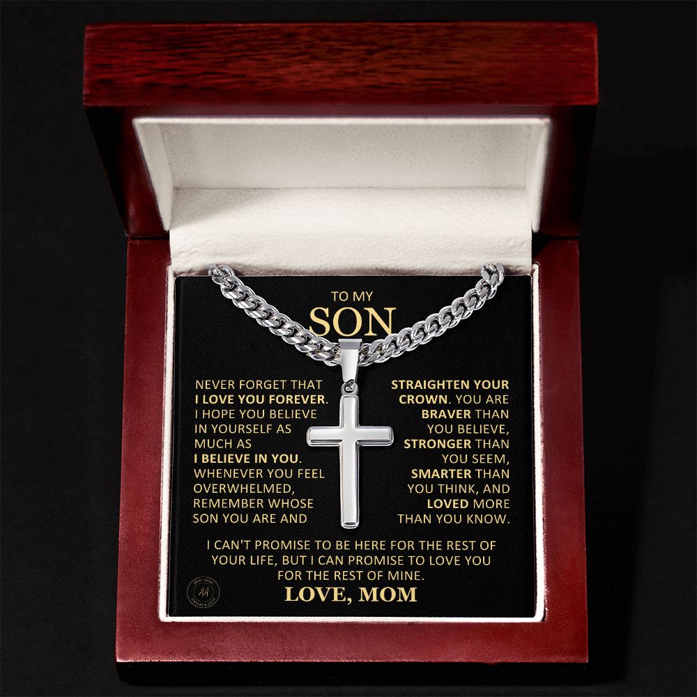 Beautiful Gift for Son From Mom "Never Forget That I Love You" Cross Necklace On Cuban Chain Jewelry