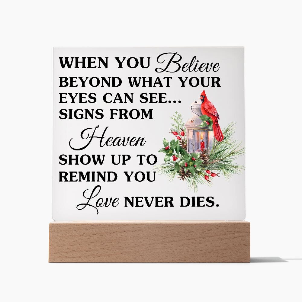 Beautiful "Love Never Dies" Remembrance Acrylic Plaque With Cardinal Jewelry