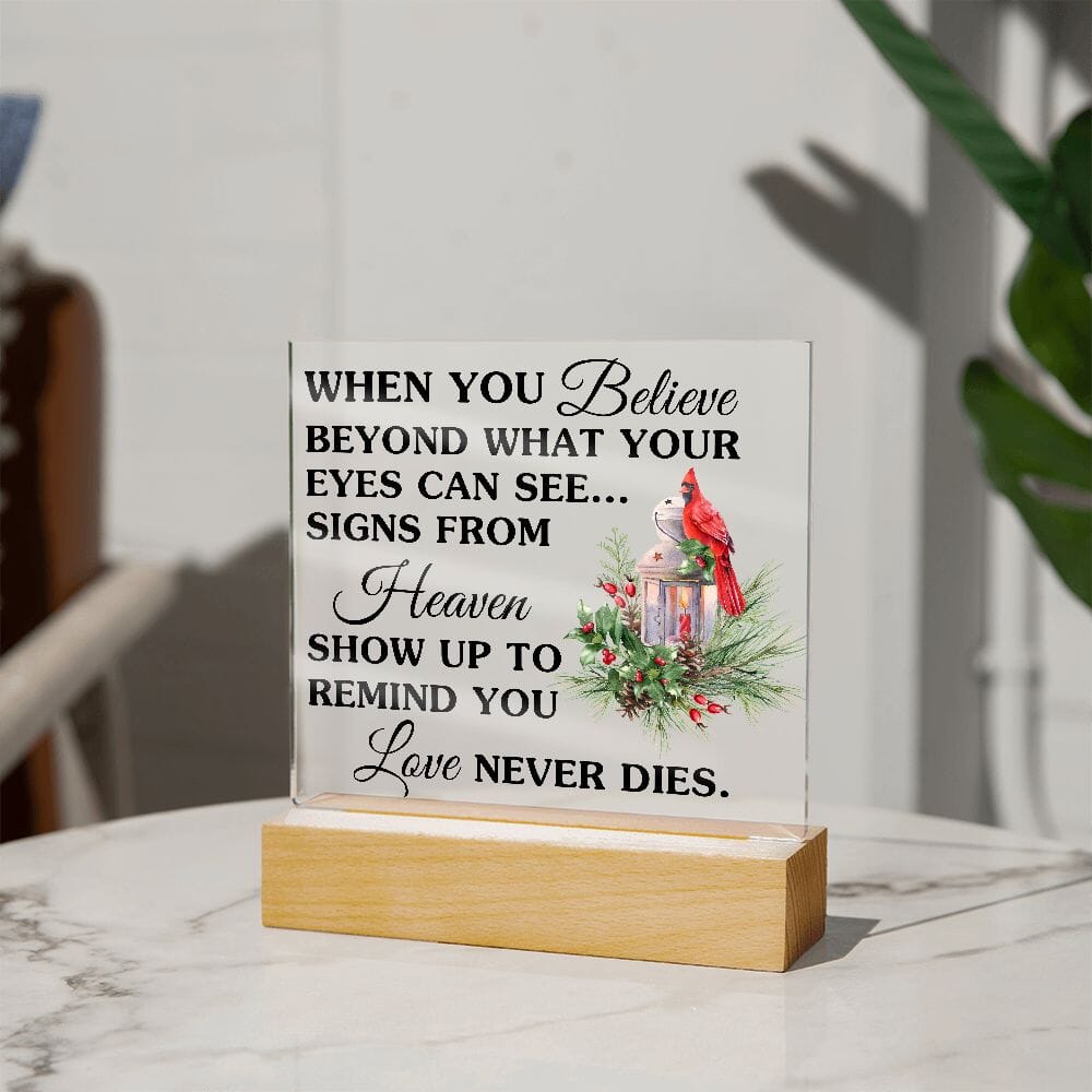 Beautiful "Love Never Dies" Remembrance Acrylic Plaque With Cardinal Jewelry