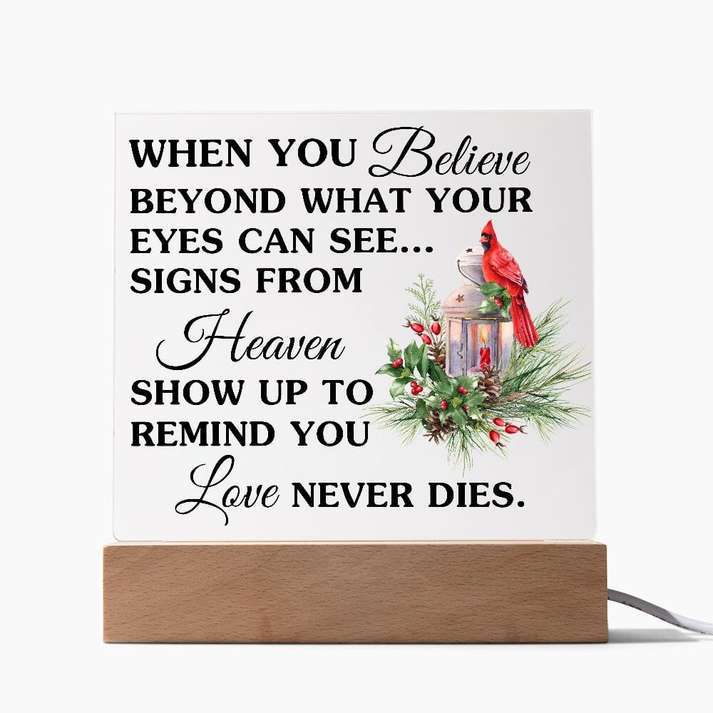Beautiful "Love Never Dies" Remembrance Acrylic Plaque With Cardinal Jewelry