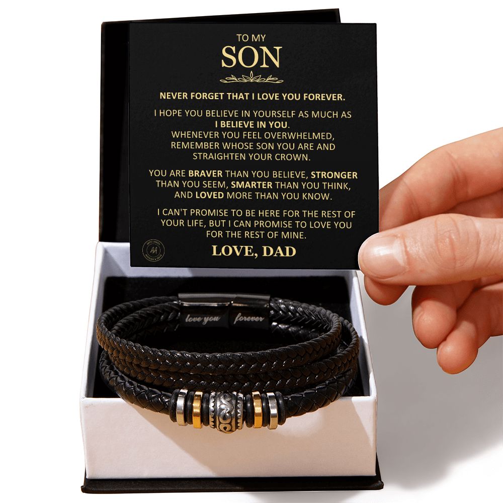 Unique Gift for Son From Dad "Never Forget That I Love You" Braided Bracelet Jewelry Two-Toned Gift Box