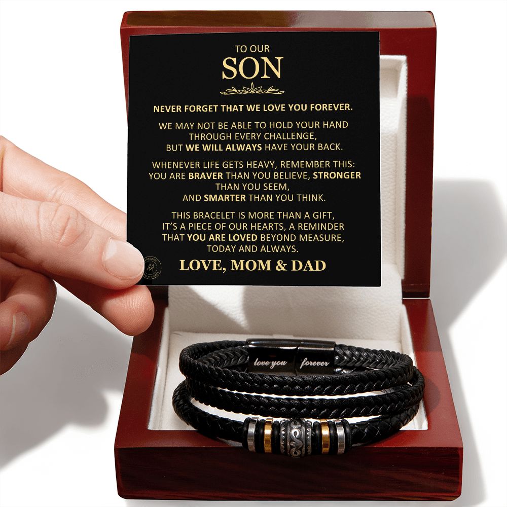 Unique Gift for Son From Mom and Dad "You Are Love Beyond Measure" Braided Bracelet Jewelry Mahogany Style Luxury Box (w/LED)