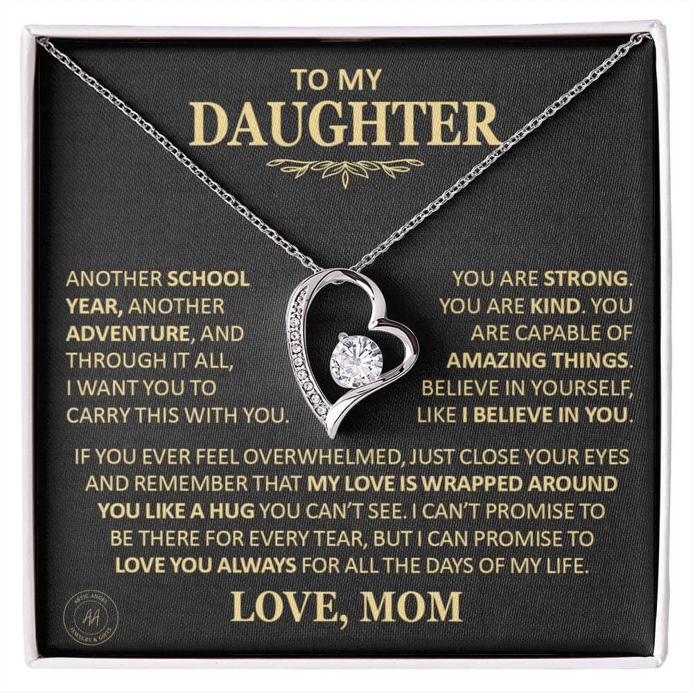 Beautiful Gift for Daughter From Mom "Another School Year, Another Adventure" Heart Necklace Jewelry 14k White Gold Finish Two-Toned Gift Box