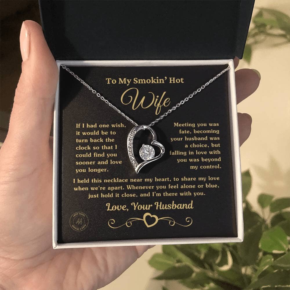 Gift for Smokin Hot Wife "If I Had One Wish" Heart Necklace Jewelry 14k White Gold Finish Two-Toned Gift Box