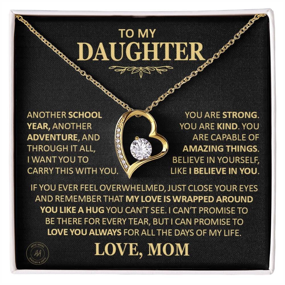 Beautiful Gift for Daughter From Mom "Another School Year, Another Adventure" Heart Necklace Jewelry 18k Yellow Gold Finish Two-Toned Gift Box