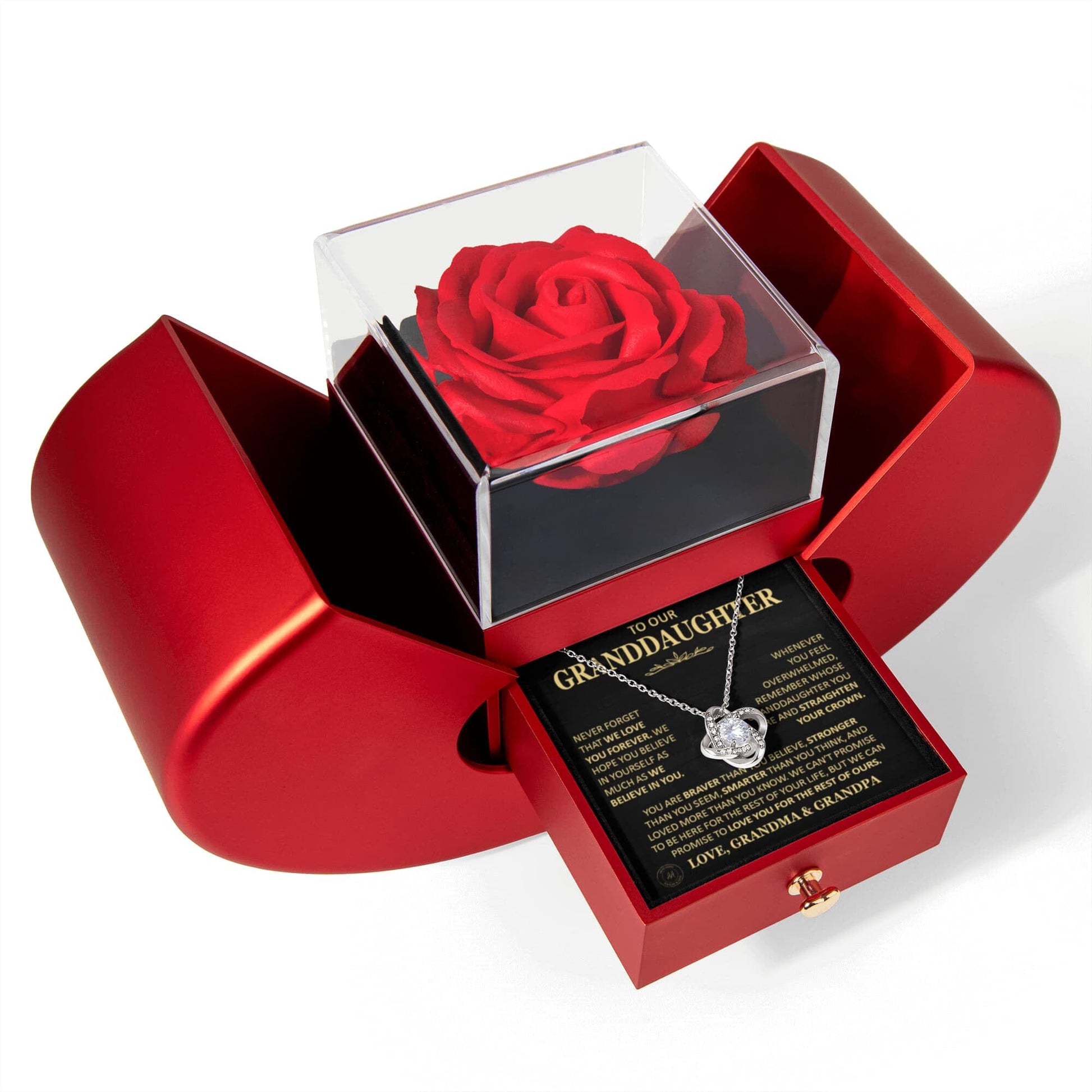 Beautiful Gift for Granddaughter From Grandma and Grandpa "Never Forget That We Love You" Necklace With Heart Box and Red Rose Surprise Jewelry 14k White Gold Finish