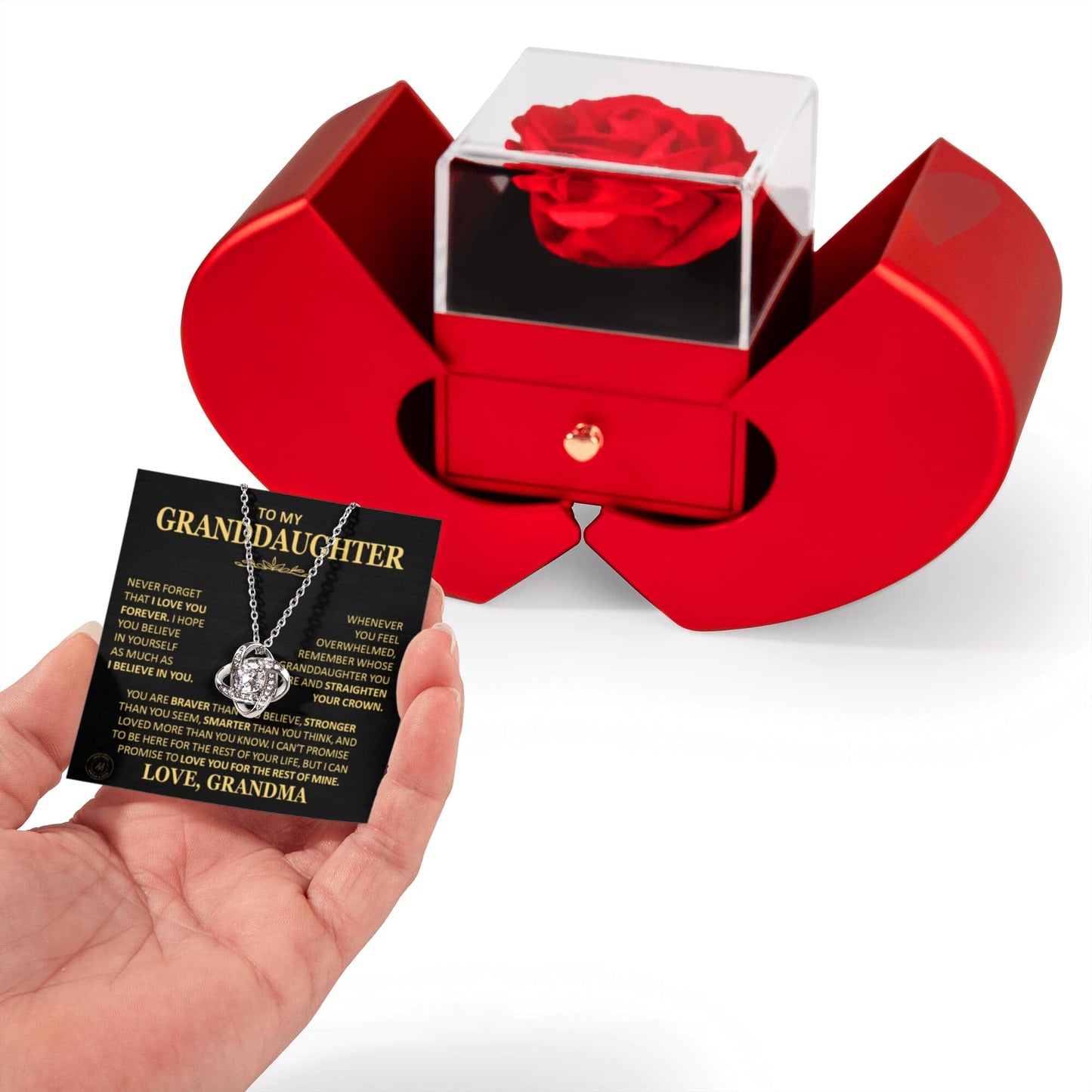 Beautiful Gift for Granddaughter From Grandma "Never Forget That I Love You" Necklace With Heart Box and Red Rose Surprise Jewelry