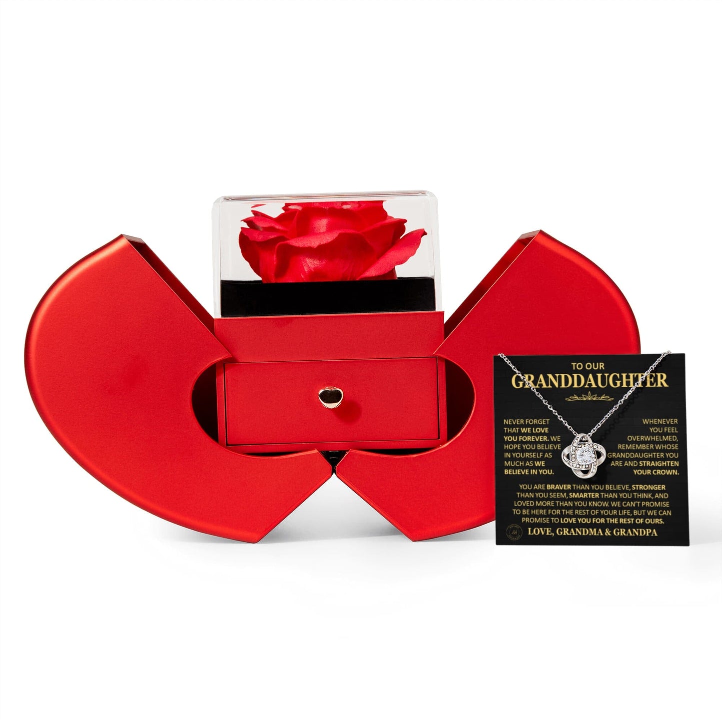 Beautiful Gift for Granddaughter From Grandma and Grandpa "Never Forget That We Love You" Necklace With Heart Box and Red Rose Surprise Jewelry