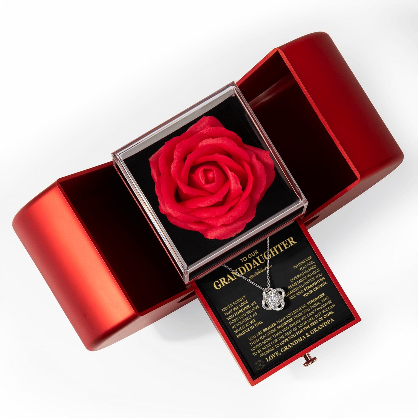 Beautiful Gift for Granddaughter From Grandma and Grandpa "Never Forget That We Love You" Necklace With Heart Box and Red Rose Surprise Jewelry