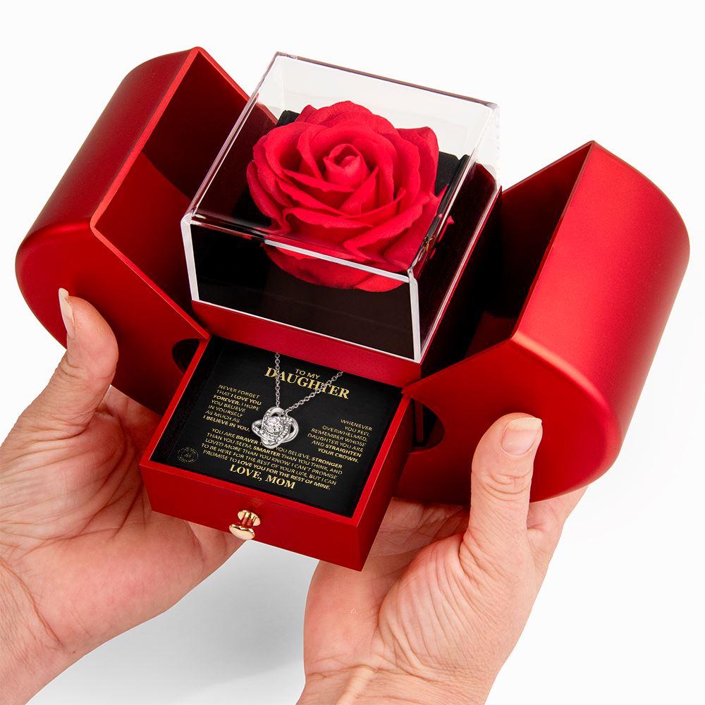 Beautiful Gift for Daughter From Mom "Never Forget That I Love You" Necklace With Heart Box and Red Rose Surprise Jewelry