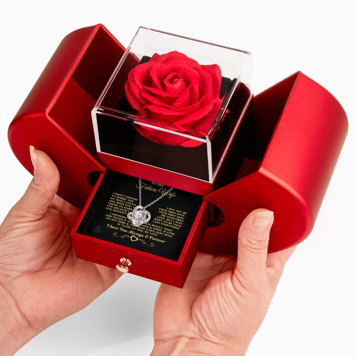 Gift for Future Wife "I Can't Live Without You" Necklace With Heart Box and Red Rose Surprise Jewelry