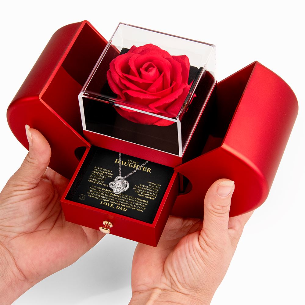 Beautiful Gift for Daughter From Dad "Never Forget That I Love You" Necklace With Heart Box and Red Rose Surprise Jewelry