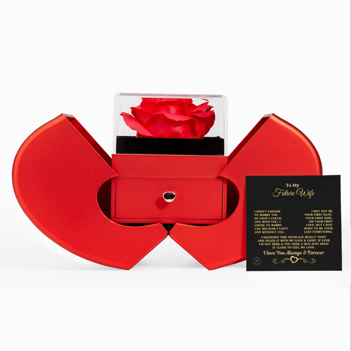 Gift for Future Wife "I Can't Live Without You" Necklace With Heart Box and Red Rose Surprise Jewelry