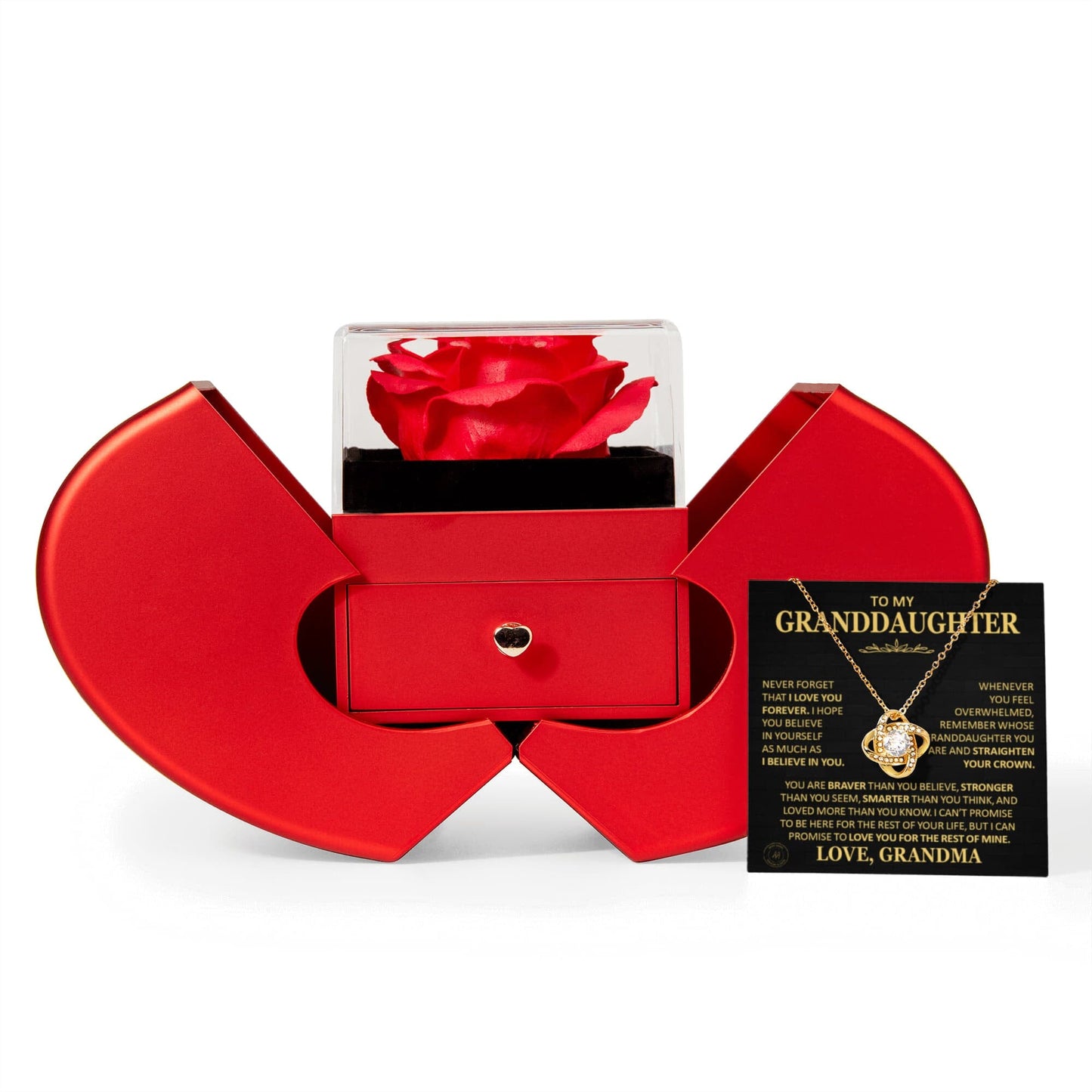 Beautiful Gift for Granddaughter From Grandma "Never Forget That I Love You" Necklace With Heart Box and Red Rose Surprise Jewelry
