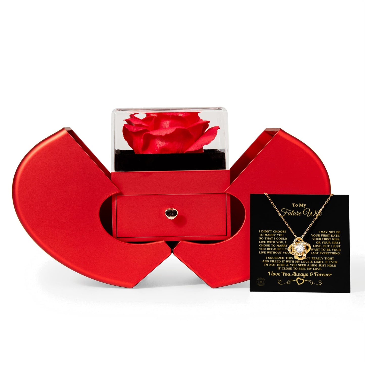 Gift for Future Wife "I Can't Live Without You" Necklace With Heart Box and Red Rose Surprise Jewelry