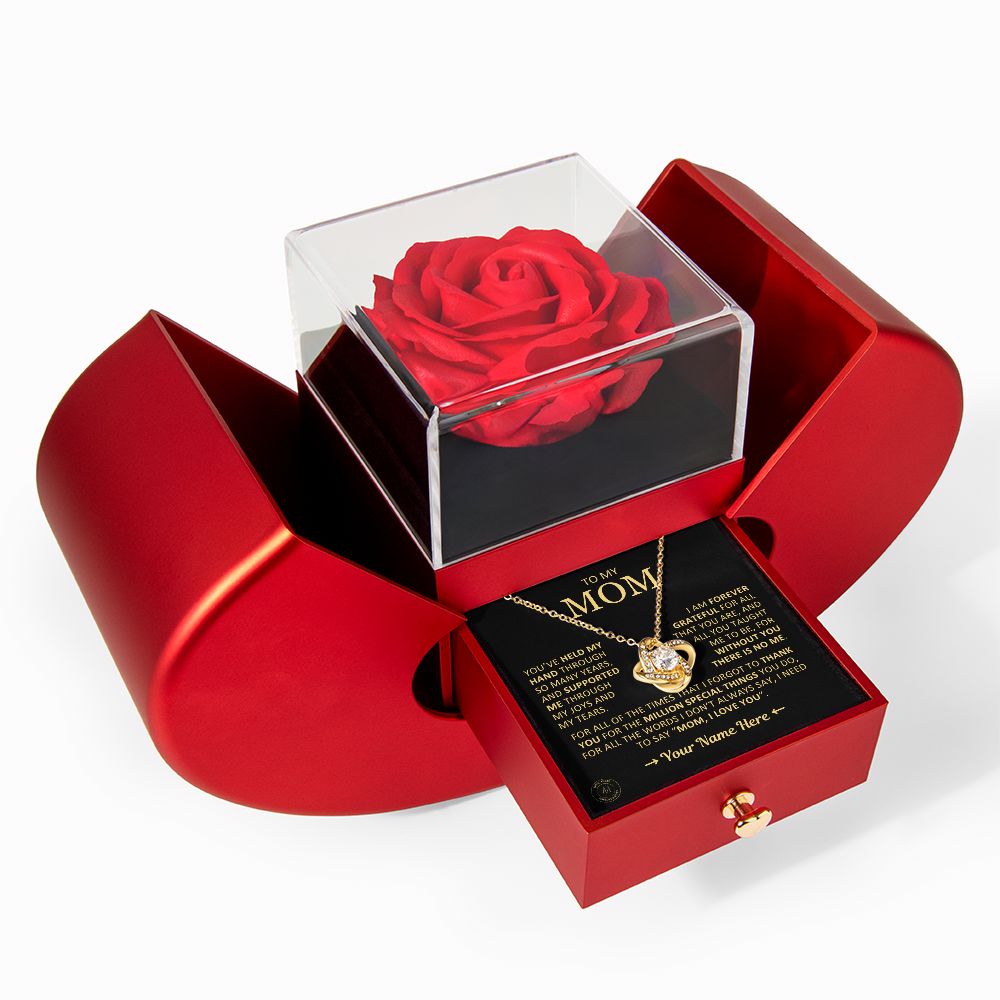 Custom Gift for Mom "Without You There Is No Me" Necklace With Heart Box and Red Rose Surprise Jewelry 18k Yellow Gold Finish