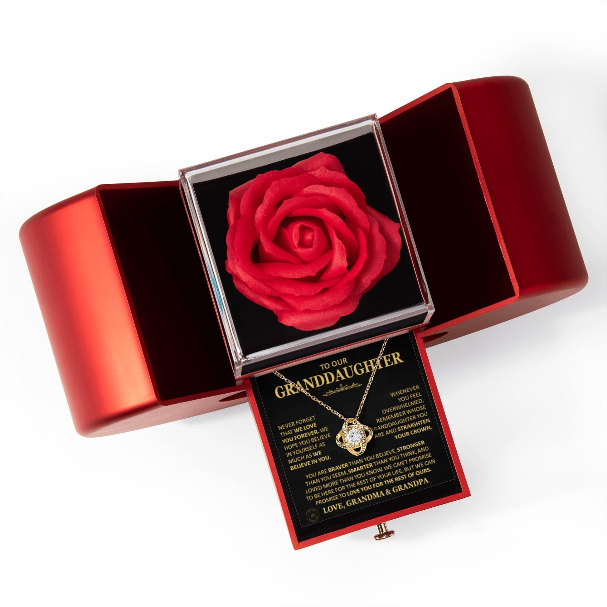 Beautiful Gift for Granddaughter From Grandma and Grandpa "Never Forget That We Love You" Necklace With Heart Box and Red Rose Surprise Jewelry