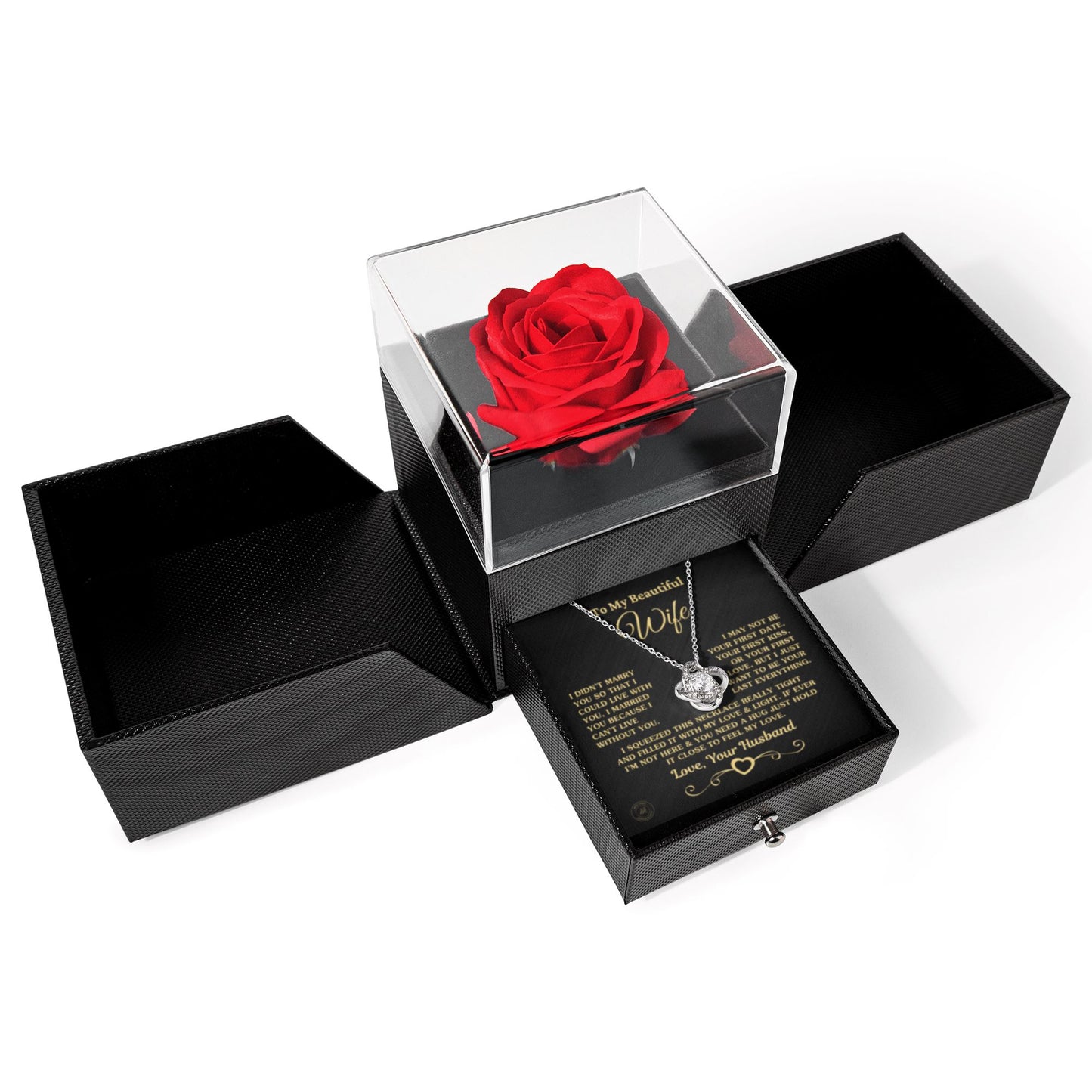 Unique Gift for Wife "I Can't Live Without You" Rose Surprise Gold Knot Necklace Jewelry