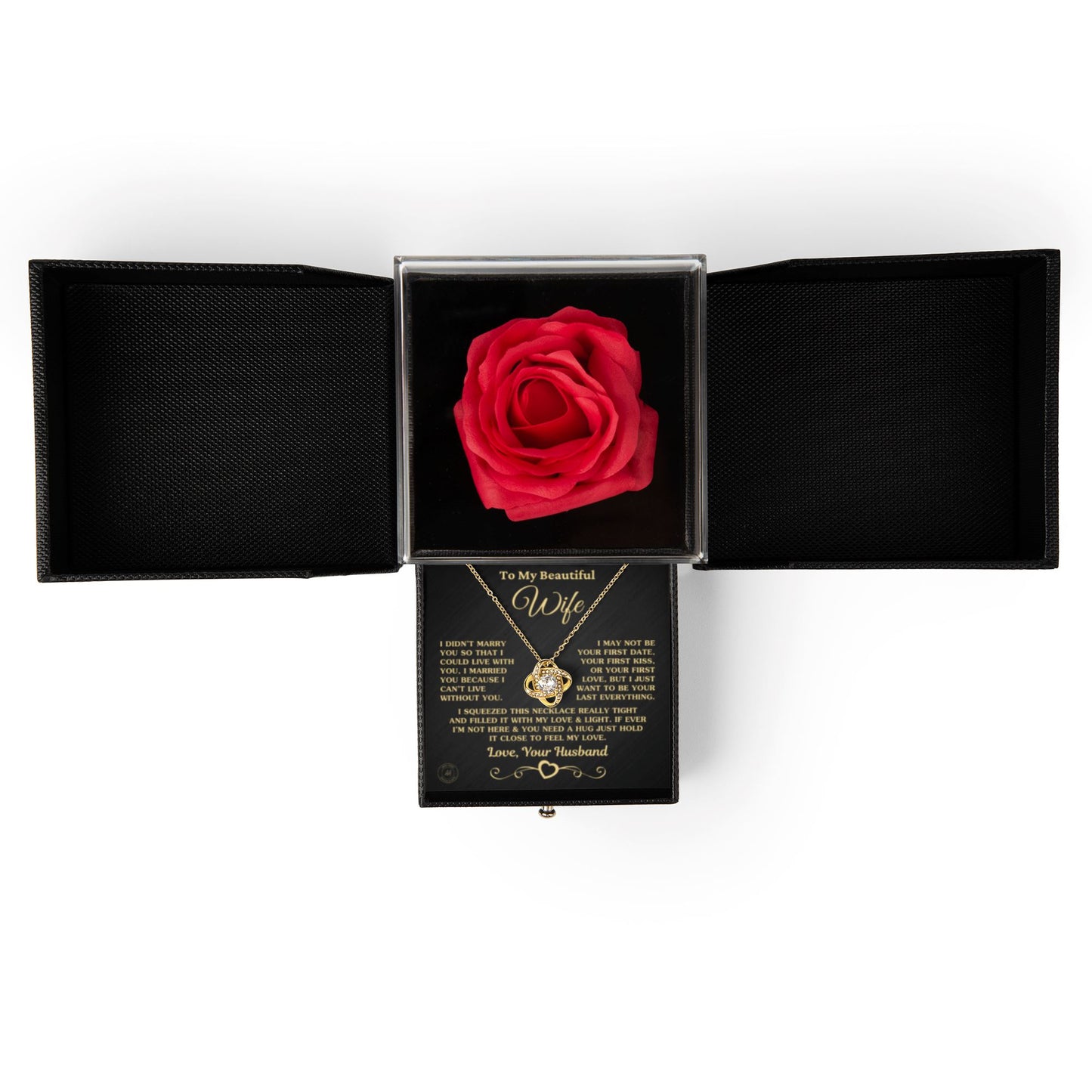 Unique Gift for Wife "I Can't Live Without You" Rose Surprise Gold Knot Necklace Jewelry