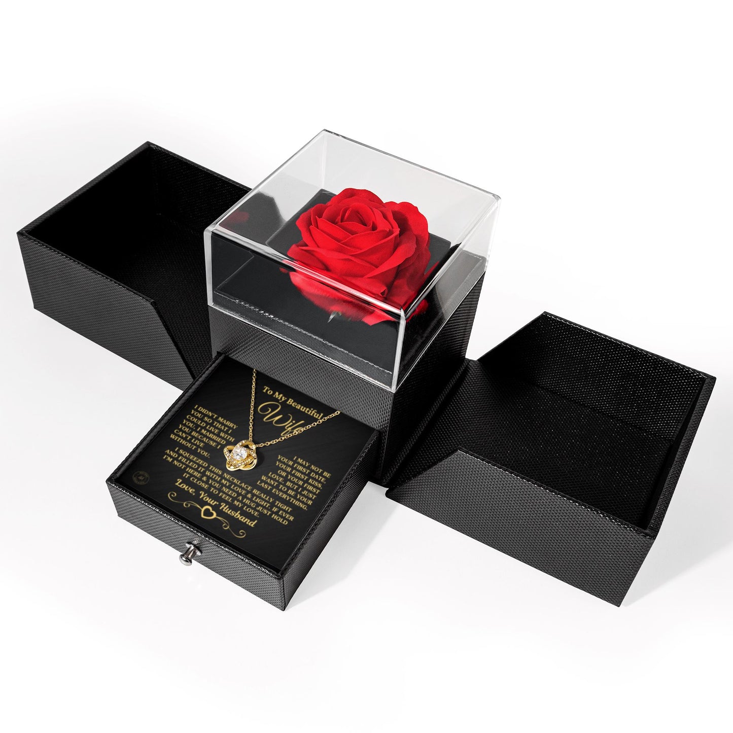Unique Gift for Wife "I Can't Live Without You" Rose Surprise Gold Knot Necklace Jewelry