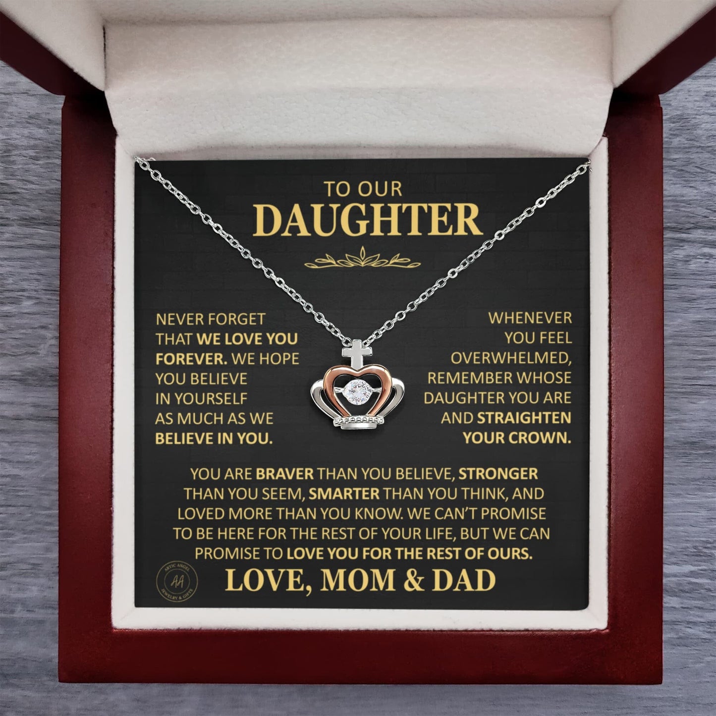 Beautiful Gift for Daughter From Mom and Dad "Never Forget That We Love You" Crown Necklace Jewelry