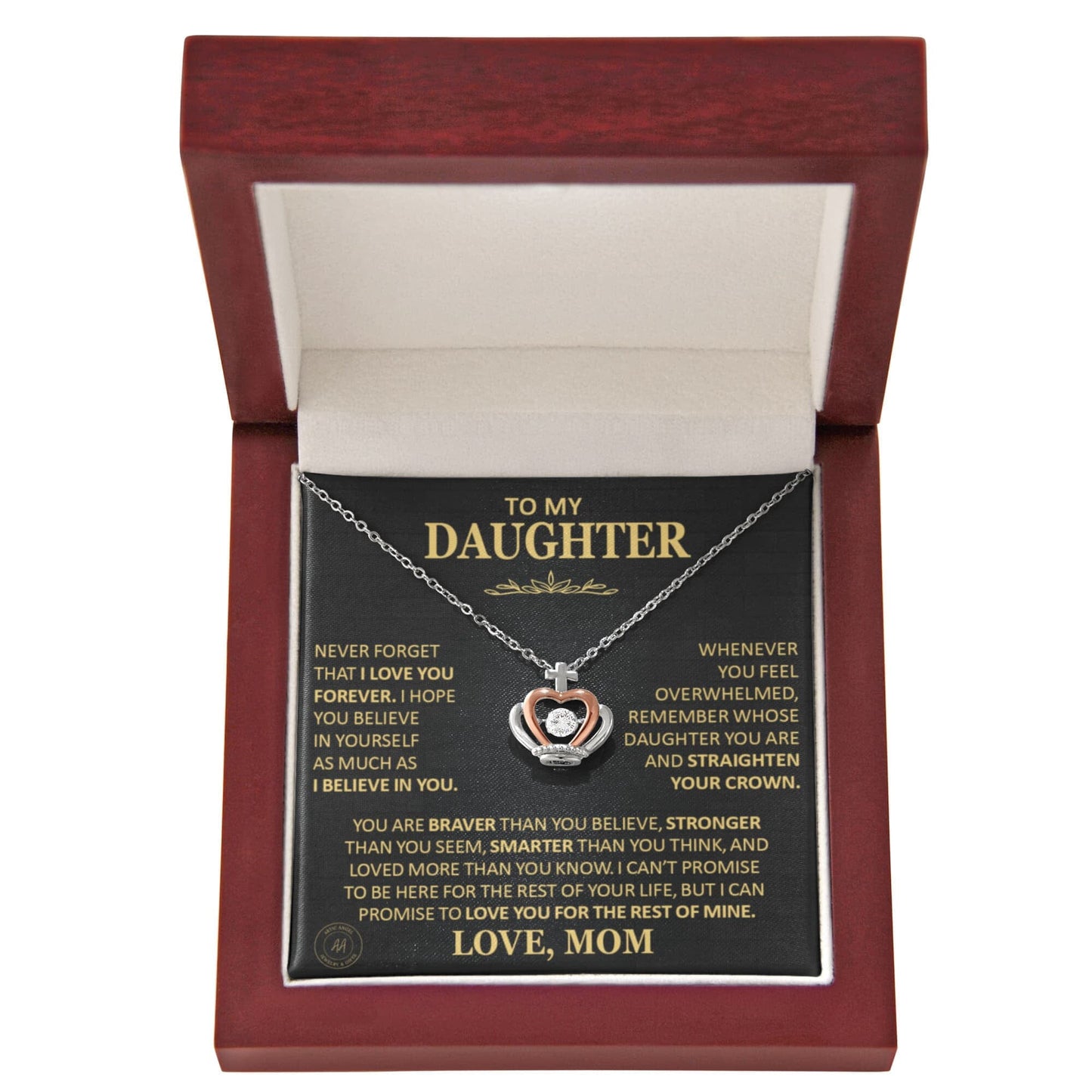 Beautiful Gift for Daughter From Mom "Never Forget That I Love You" Crown Necklace Jewelry Mahogany Style Luxury Box (w/LED)