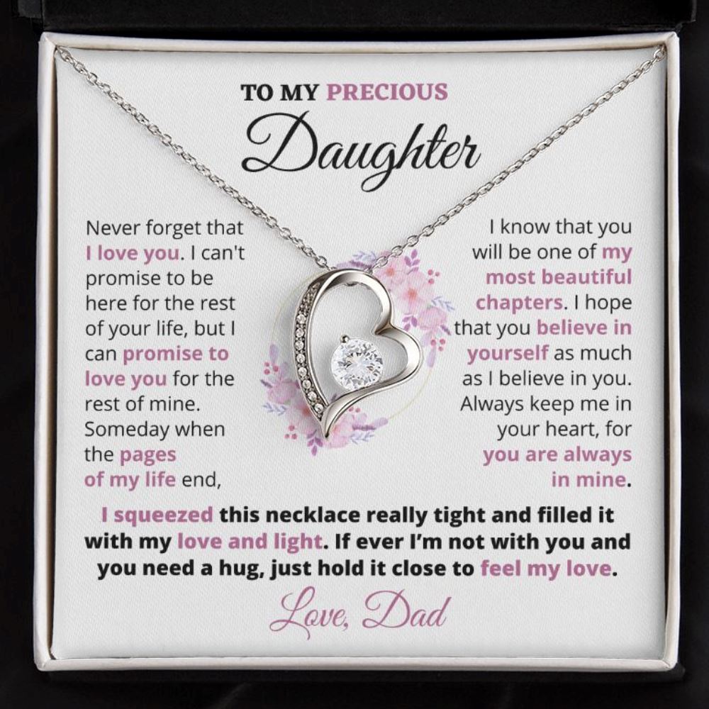 Gift For Precious Daughter "Always Keep Me In Your Heart" Love Dad Heart Necklace Jewelry 14k White Gold Finish Two-Toned Gift Box
