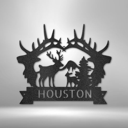 Personalized Big Antler Family Monogram - Steel Sign Custom Black 15"