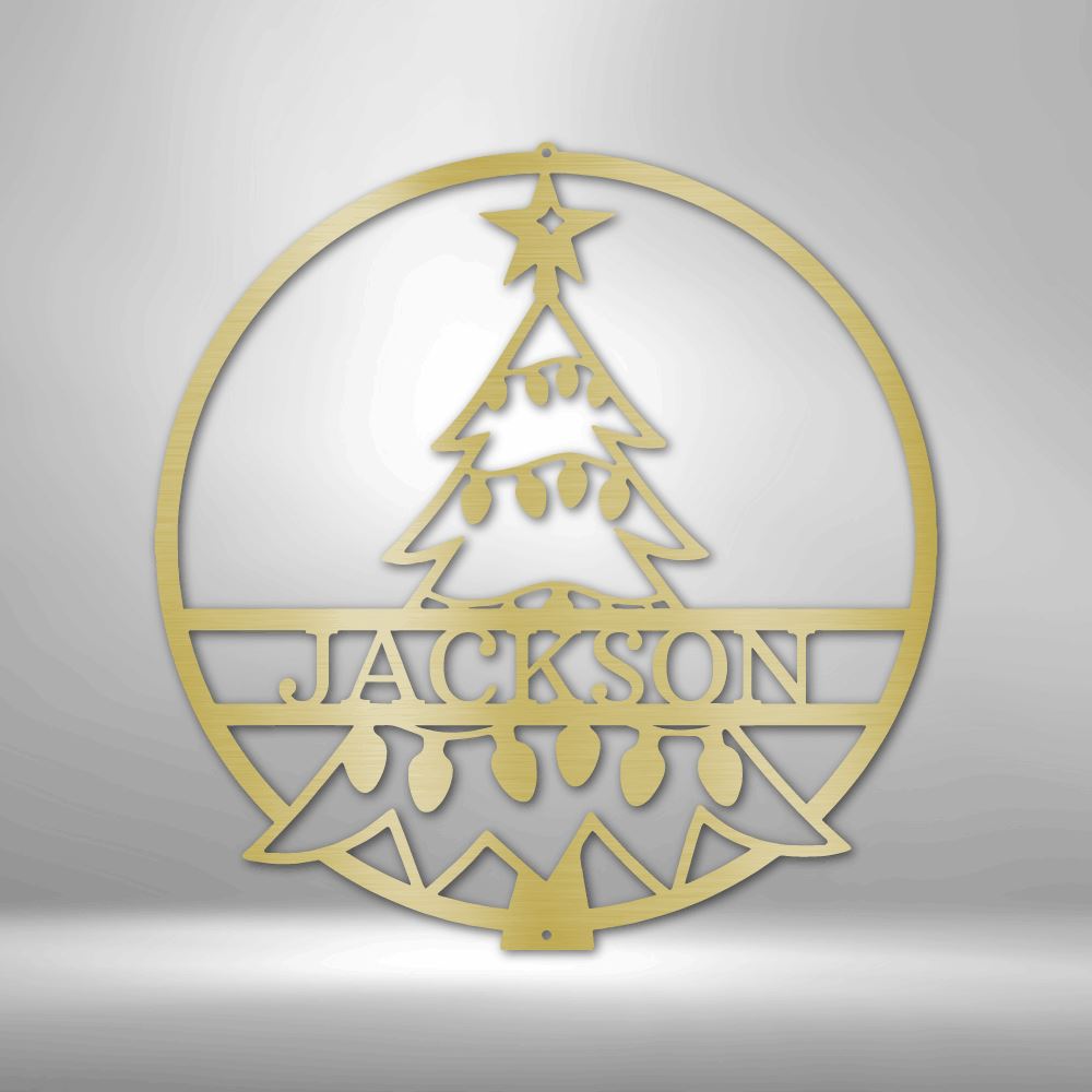 Custom Christmas Tree With Name Monogram - Steel Sign Holiday Wall Decor Custom Gold 12"