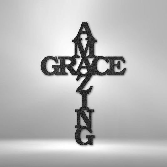 Christian Wall Decor - Amazing Grace Cross - Steel Sign Custom Black 12"