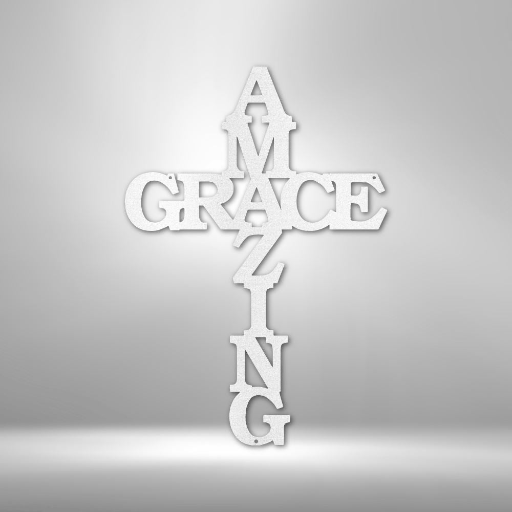 Christian Wall Decor - Amazing Grace Cross - Steel Sign Custom White 12"