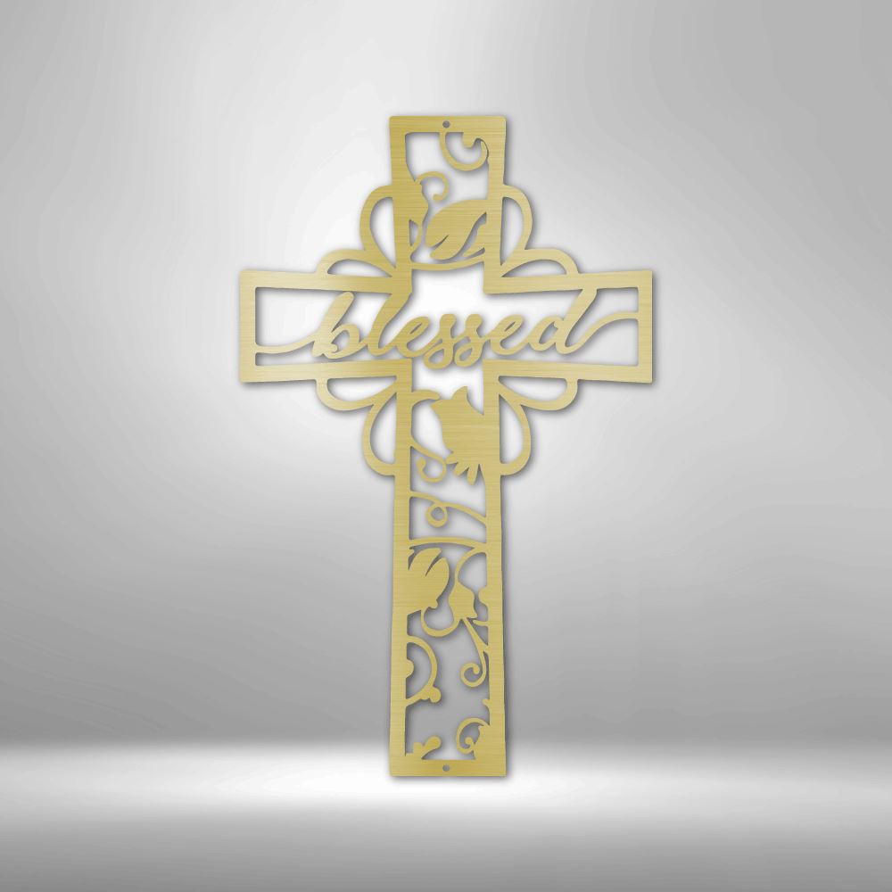 Blessed Cross - Steel Sign Christian Wall Decor Custom Gold 12"