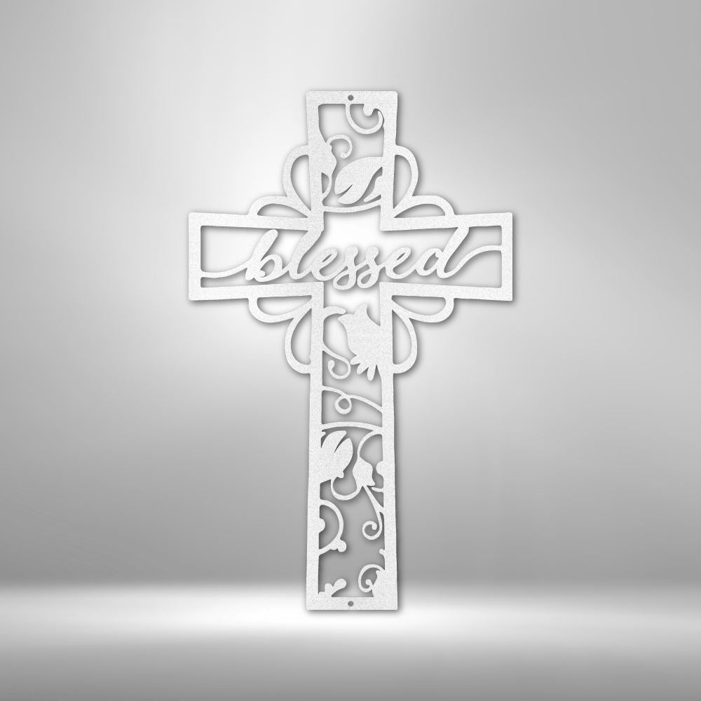 Blessed Cross - Steel Sign Christian Wall Decor Custom White 12"