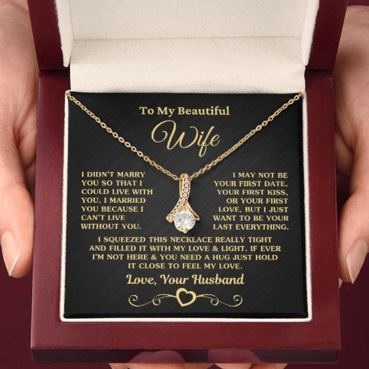Gift for Wife "I Can't Live Without You" Gold Necklace Jewelry 18K Yellow Gold Finish Mahogany Style Luxury Box (w/LED)