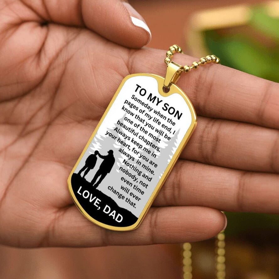 Gift For Son From Dad "Pages Of My Life" Dog Tag Necklace Jewelry Military Chain (Gold) No