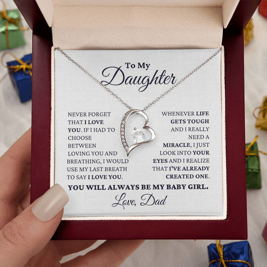 Gift for Daughter Love Dad "Never Forget That I Love You" Necklace Jewelry 14k White Gold Finish Mahogany Style Luxury Box (w/LED) 
