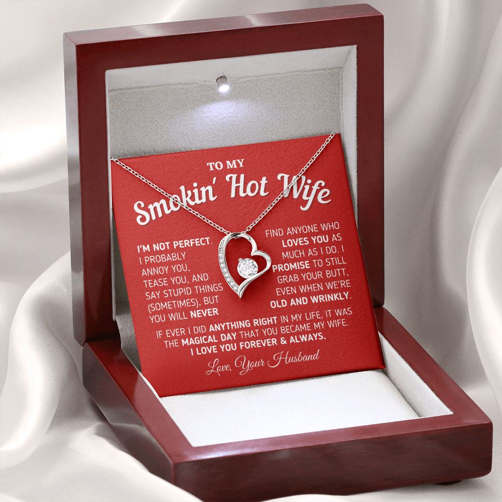 Gift for Wife "I'm Not Perfect" Heart Necklace Jewelry Mahogany Style Luxury Box (w/LED) 