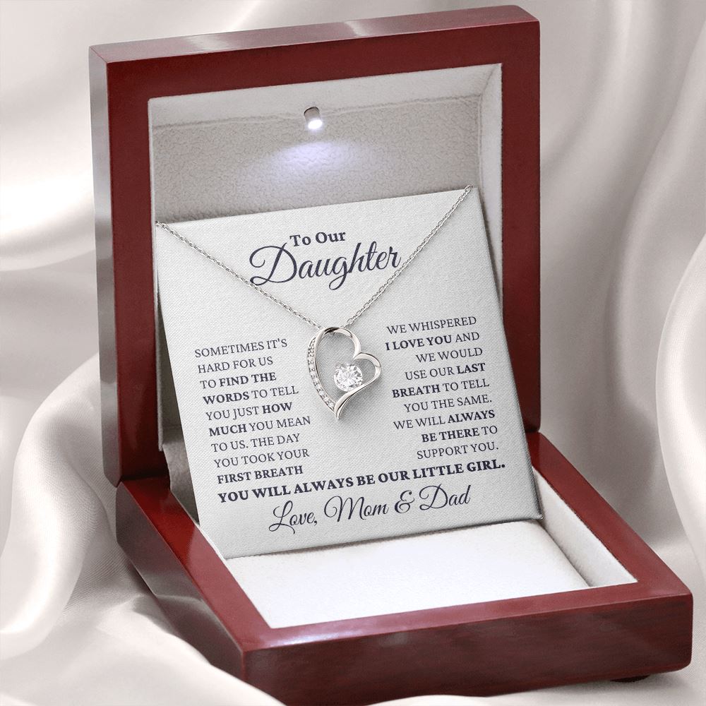 Gift for Daughter Love Mom and Dad "Our Little Girl" Necklace Jewelry 14k White Gold Finish Mahogany Style Luxury Box (w/LED)